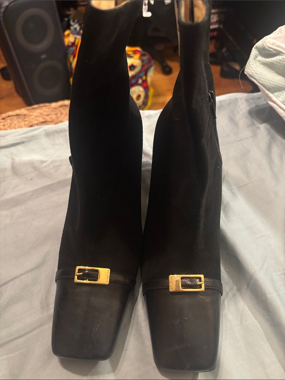 St. John Black Suede & Leather Square-Toe Ankle Boots with Gold Buckles